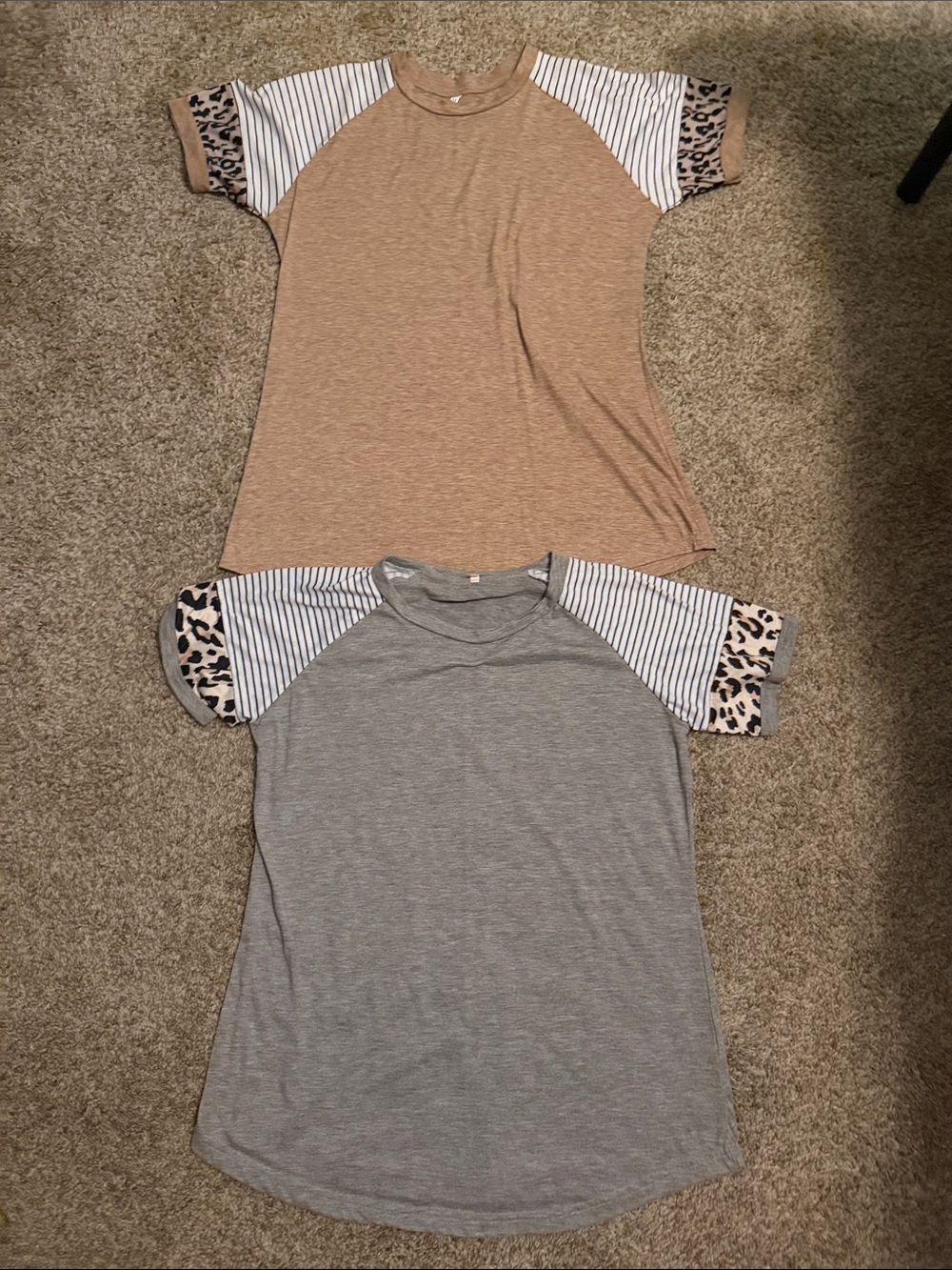 Woman’s Raglan Tee with Striped & Leopard Sleeve Accents - Tan & Gray